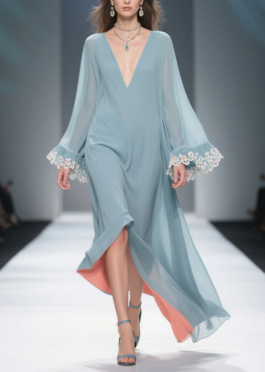 Loose Blue V Neck Solid Chiffon Maxi Dresses Flare Sleeve - Image 3