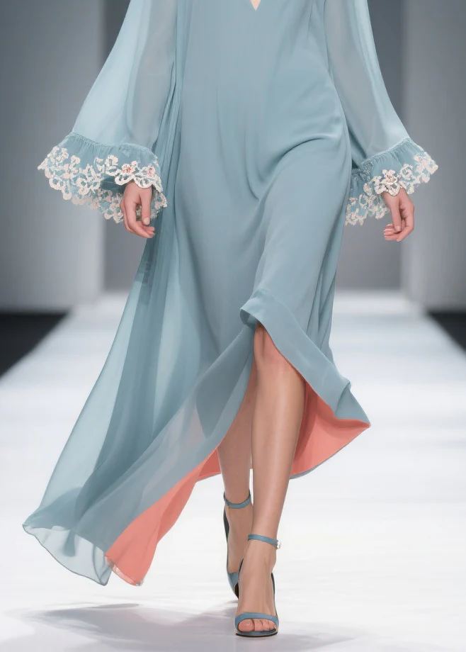 Loose Blue V Neck Solid Chiffon Maxi Dresses Flare Sleeve - Image 4