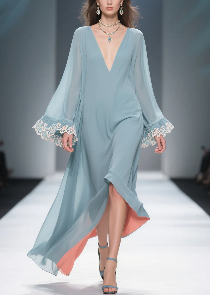 Loose Blue V Neck Solid Chiffon Maxi Dresses Flare Sleeve - Image 5