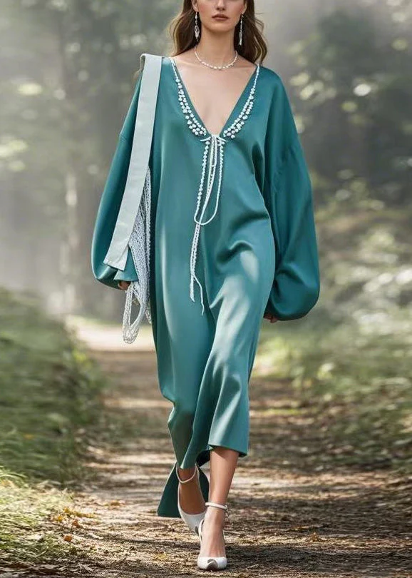 Loose Blue V Neck Solid Patchwork Dress Spring - Image 5