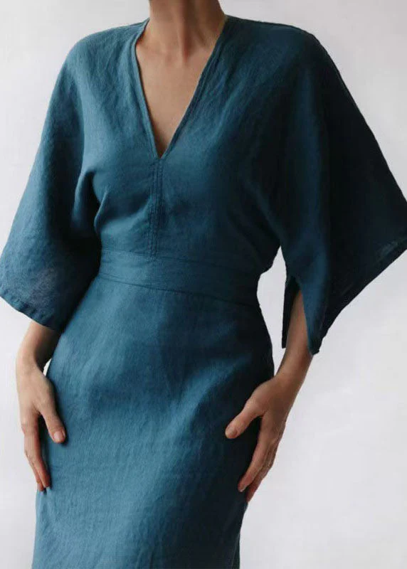 Loose Blue V Neck Tie Waist Linen Dress Summer - Image 3