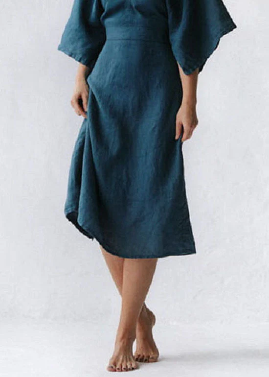 Loose Blue V Neck Tie Waist Linen Dress Summer - Image 4