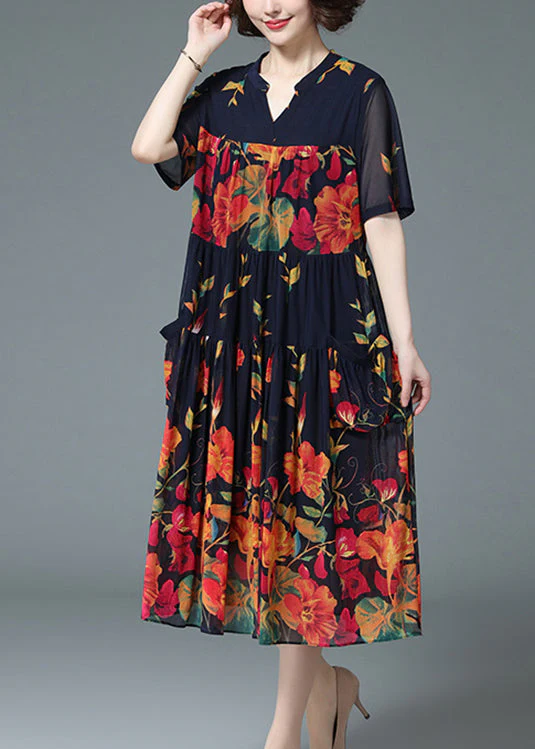 Loose Blue V Neck Wrinkled Floral Print Pockets Chiffon Long Dress Short Sleeve - Image 2