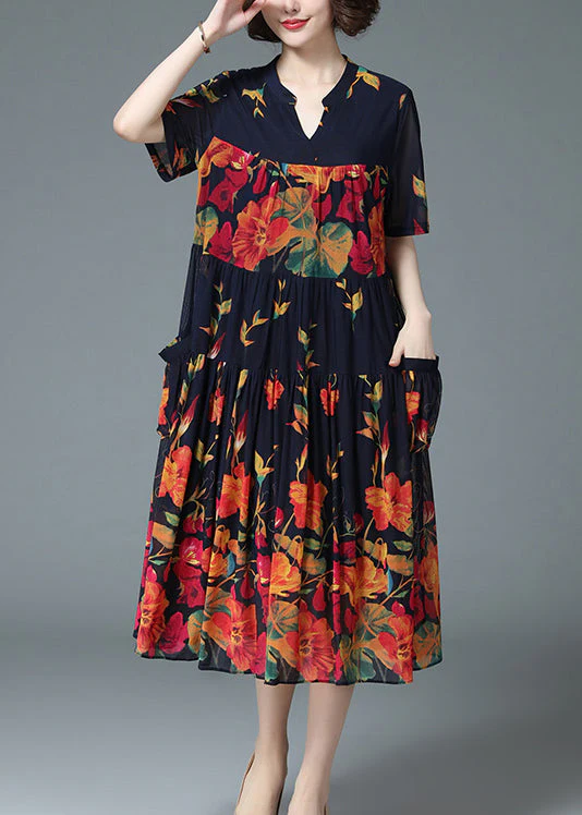 Loose Blue V Neck Wrinkled Floral Print Pockets Chiffon Long Dress Short Sleeve - Image 3