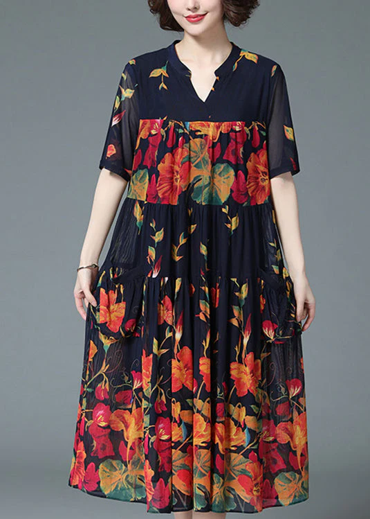 Loose Blue V Neck Wrinkled Floral Print Pockets Chiffon Long Dress Short Sleeve - Image 4