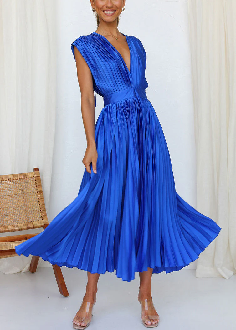 Loose Blue V Neck Wrinkled Solid Cotton Dresses Summer - Image 3