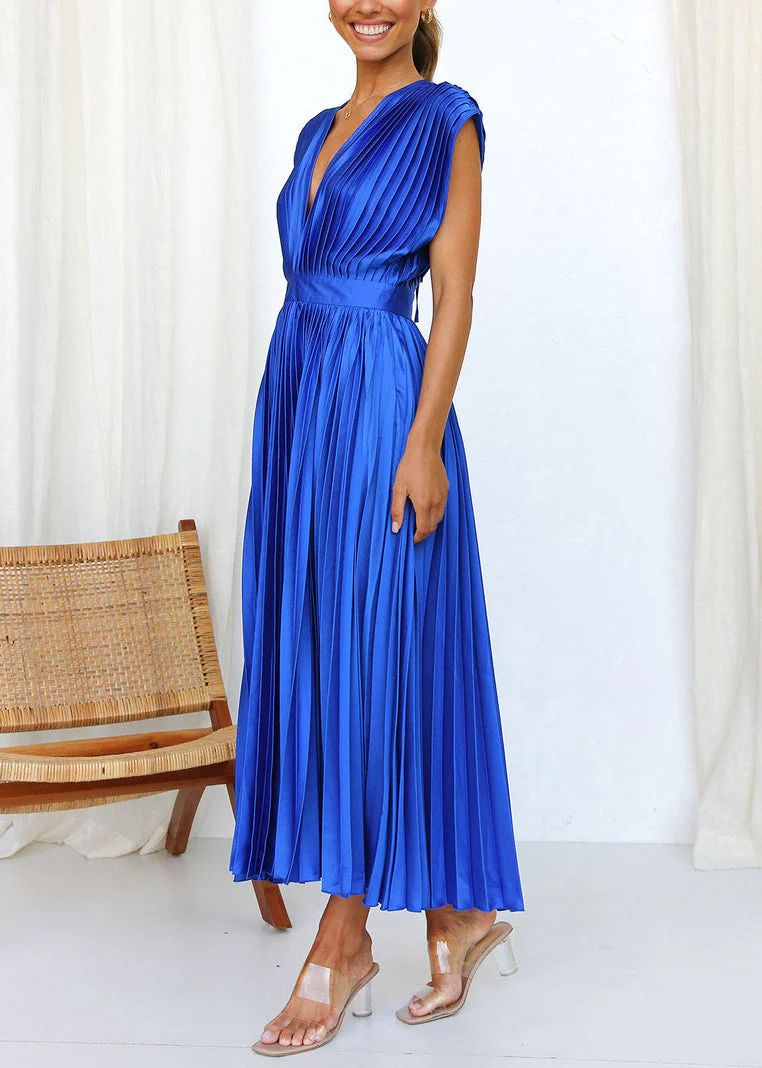 Loose Blue V Neck Wrinkled Solid Cotton Dresses Summer - Image 4