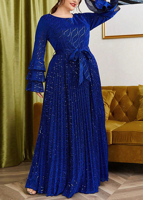 Loose Blue Wrinkled Lace Up Silk Velvet Long Dress Flare Sleeve - Image 2
