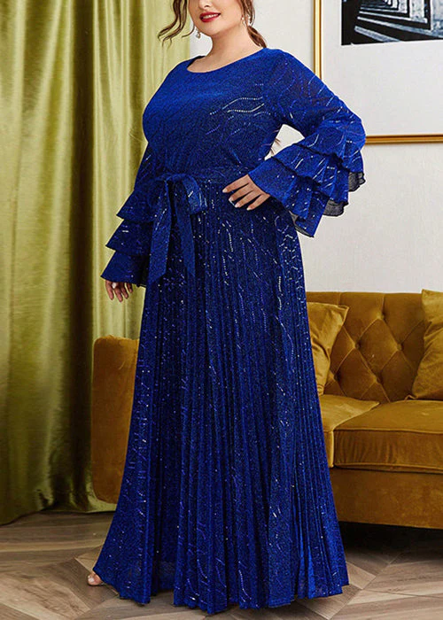 Loose Blue Wrinkled Lace Up Silk Velvet Long Dress Flare Sleeve - Image 3