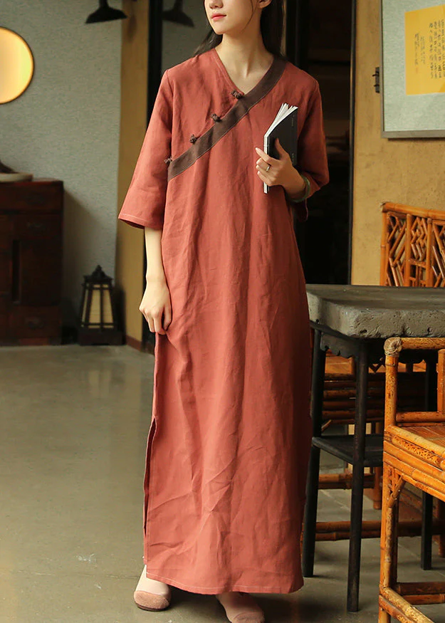 Loose Brick Red Button Side Open Patchwork Linen Dress Half Sleeve - Image 3