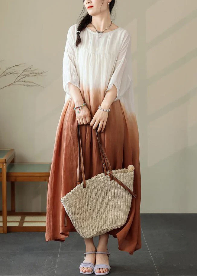 Loose Brown Gradient Color Pockets Cotton Dress Half Sleeve - Image 2