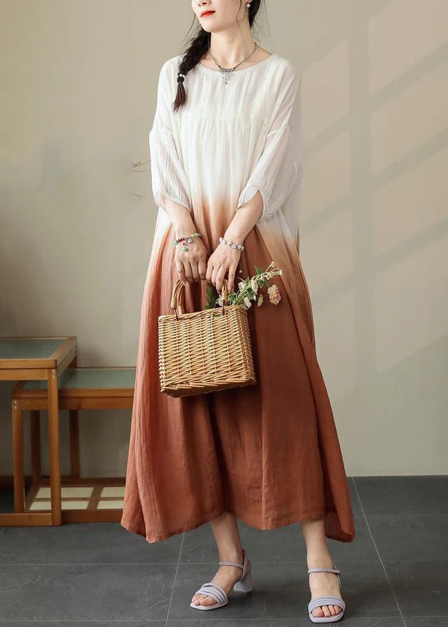 Loose Brown Gradient Color Pockets Cotton Dress Half Sleeve - Image 3