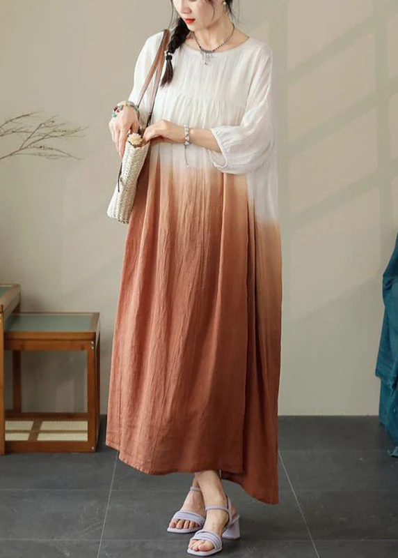 Loose Brown Gradient Color Pockets Cotton Dress Half Sleeve - Image 4
