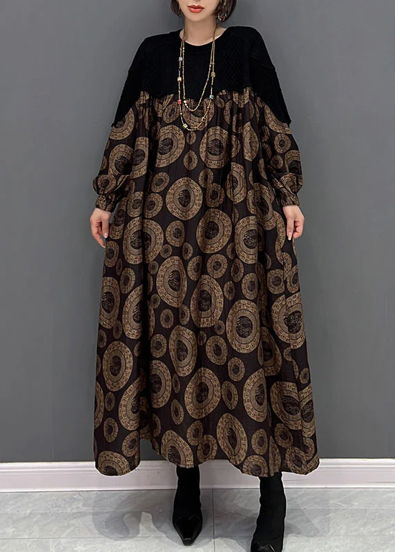 Loose Brown O-Neck Patchwork Dot Print Maxi Dress Fall - Image 2