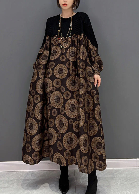 Loose Brown O-Neck Patchwork Dot Print Maxi Dress Fall - Image 3