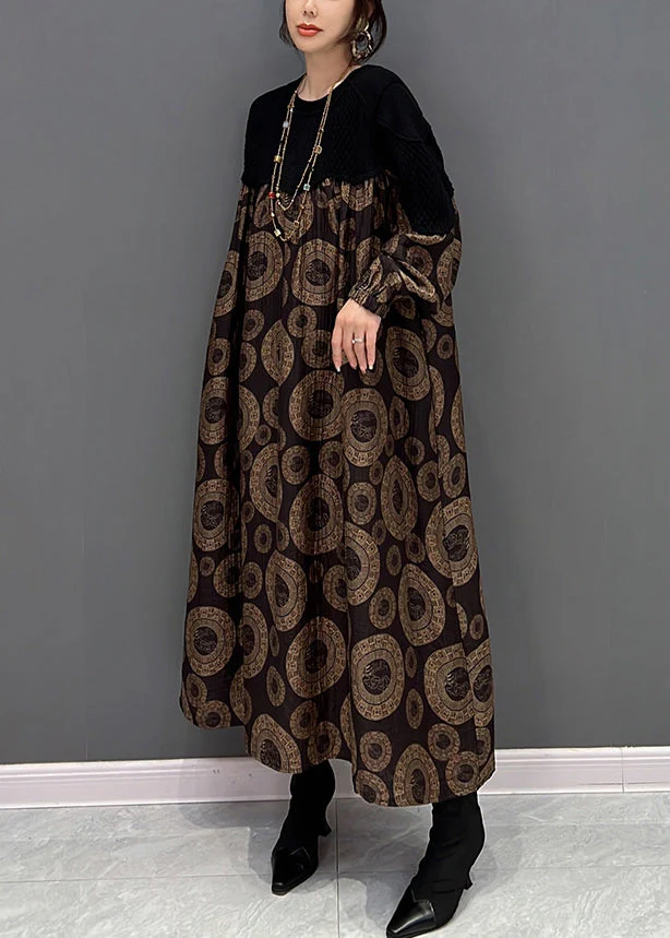 Loose Brown O-Neck Patchwork Dot Print Maxi Dress Fall - Image 4