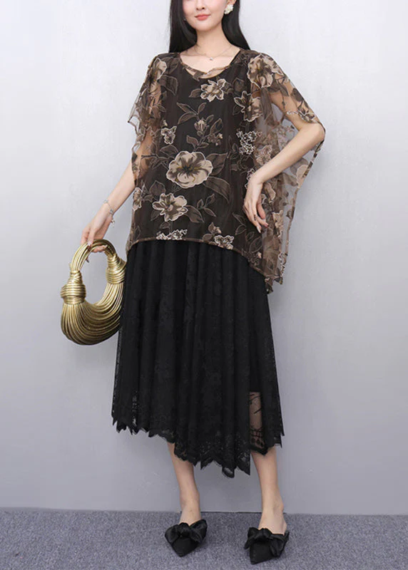 Loose Brown O-Neck Tulle Top And Maxi Dress Two Pieces Set Summer - Image 3