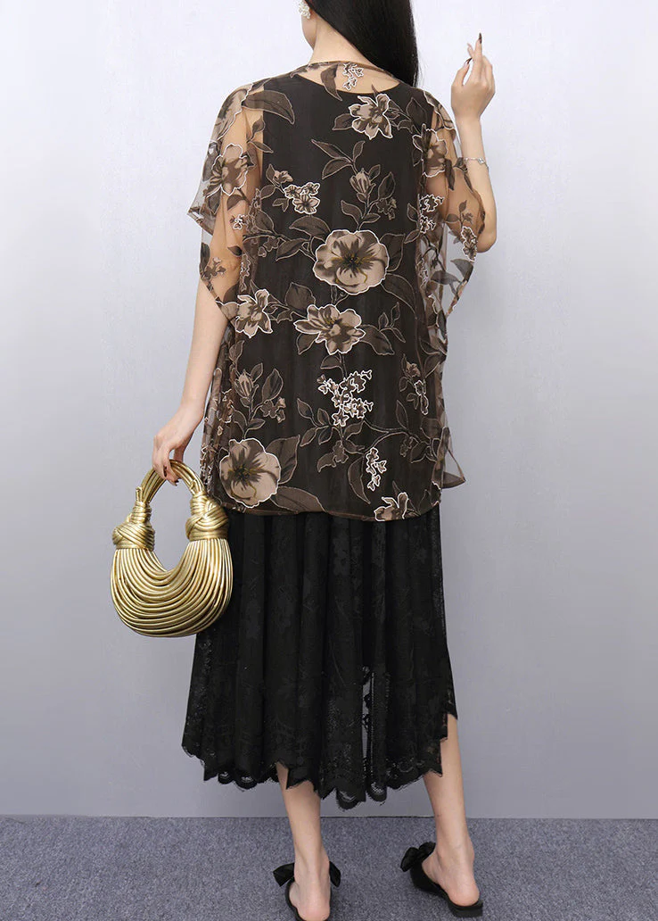 Loose Brown O-Neck Tulle Top And Maxi Dress Two Pieces Set Summer - Image 4