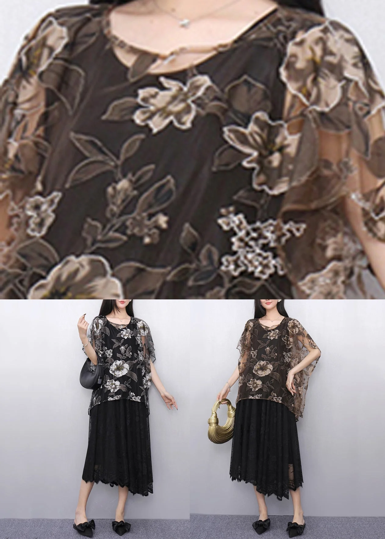 Loose Brown O-Neck Tulle Top And Maxi Dress Two Pieces Set Summer - Image 5