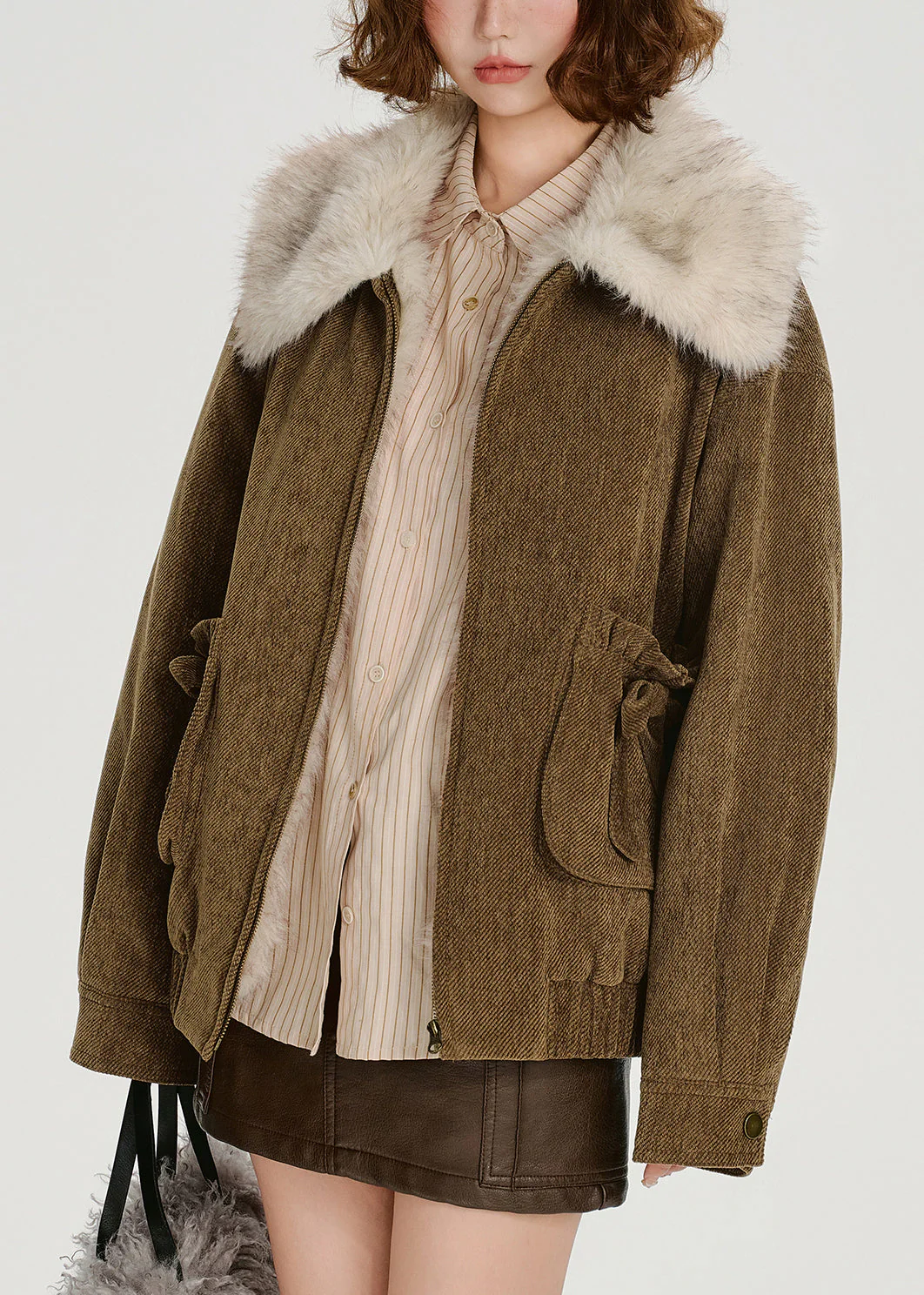 Loose Brown Pockets Fur Collar Patchwork Cotton Filled Jackets Winter - Image 2