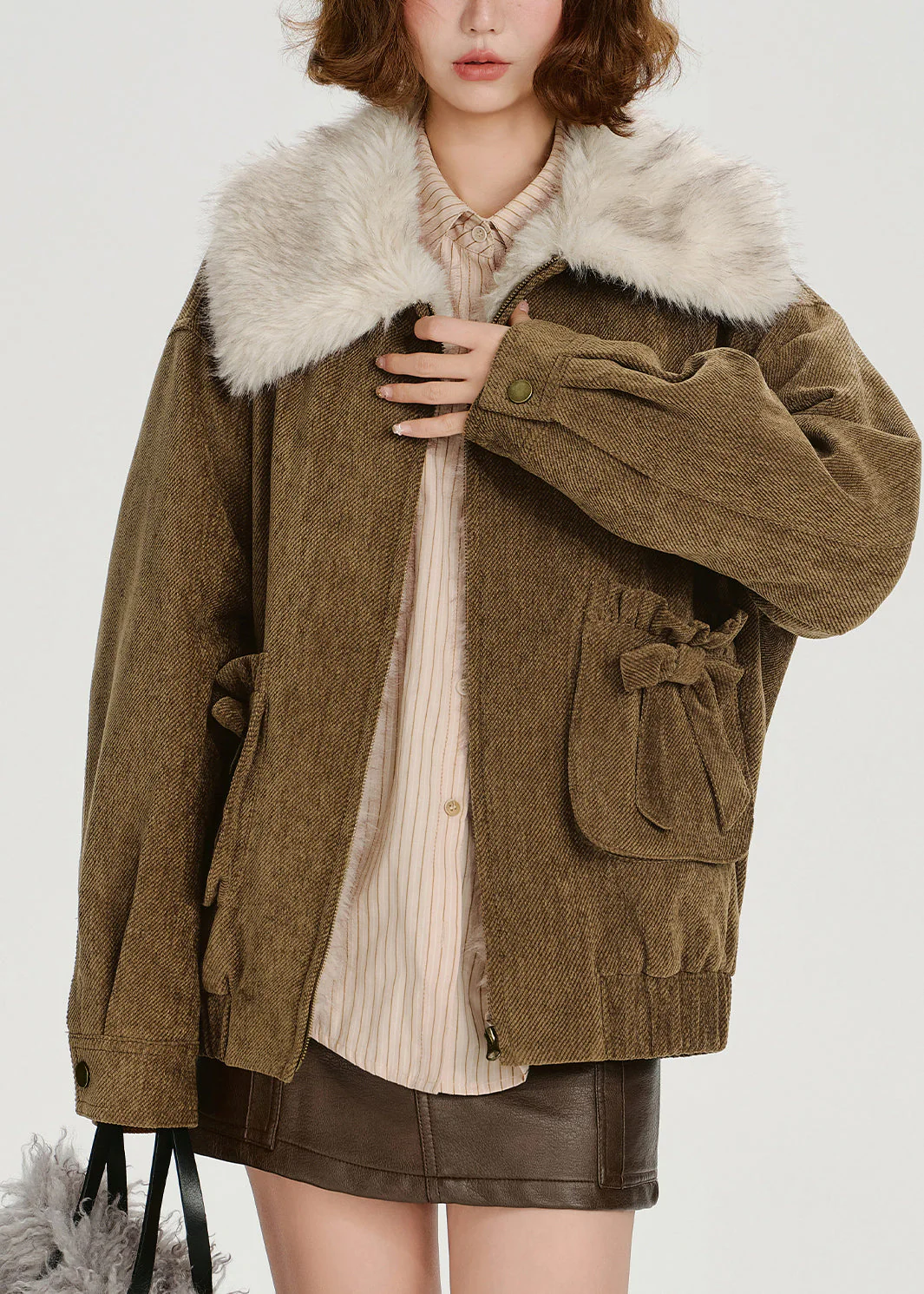 Loose Brown Pockets Fur Collar Patchwork Cotton Filled Jackets Winter - Image 3