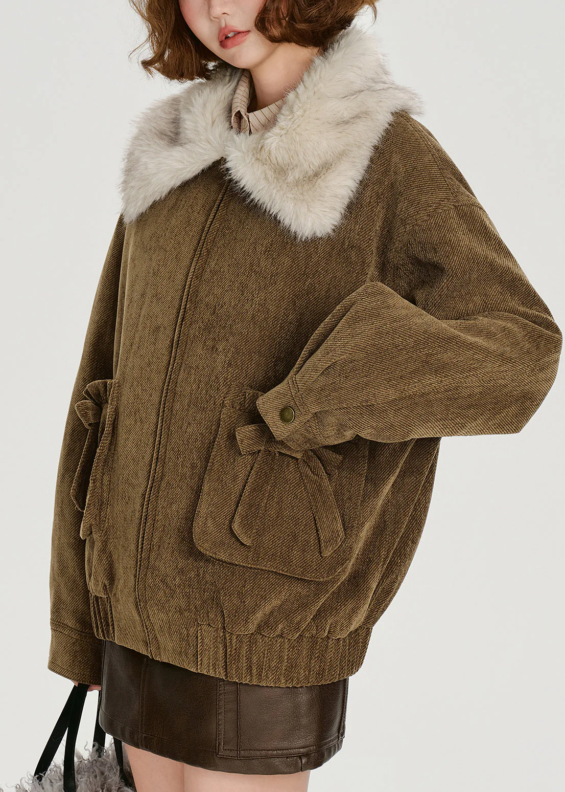 Loose Brown Pockets Fur Collar Patchwork Cotton Filled Jackets Winter - Image 4