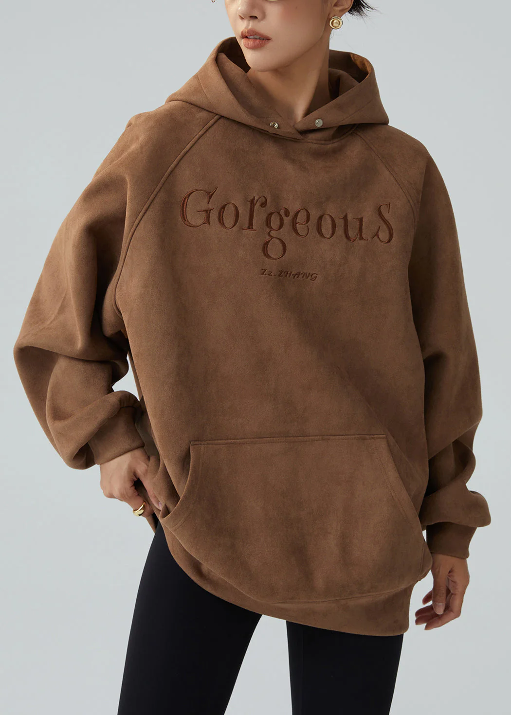 Loose Brown Pockets Patchwork Faux Suede Streetwear Lanter Sleeve - Image 3