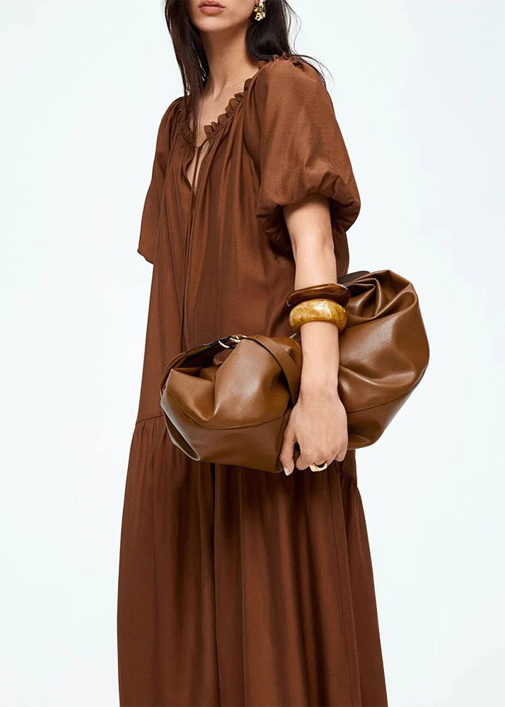 Loose Brown Ruffled Lace Up Cotton Long Dress Summer - Image 2