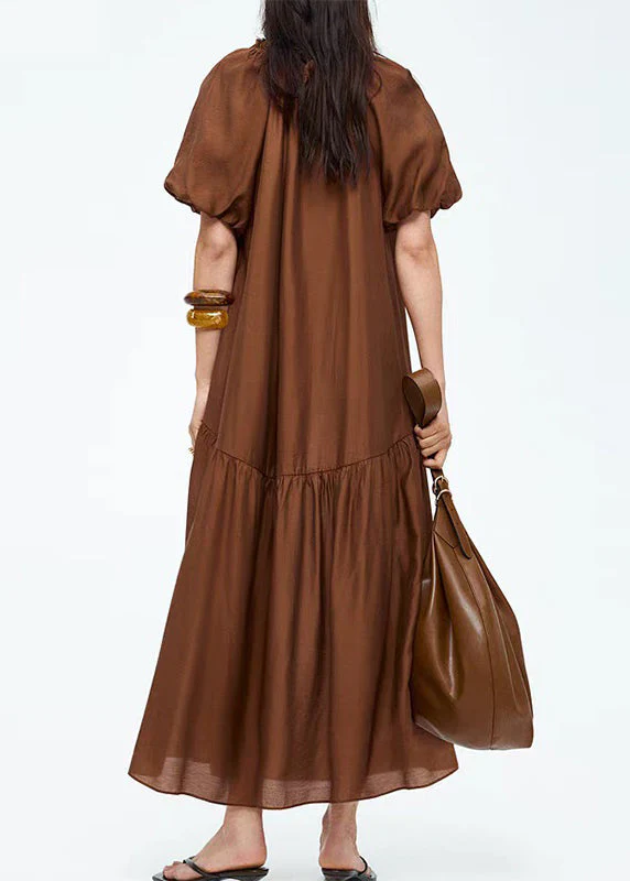 Loose Brown Ruffled Lace Up Cotton Long Dress Summer - Image 3