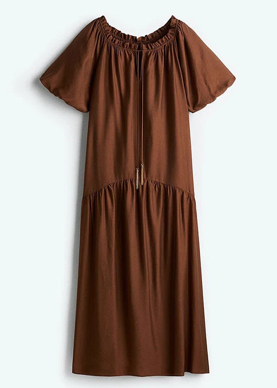 Loose Brown Ruffled Lace Up Cotton Long Dress Summer - Image 5