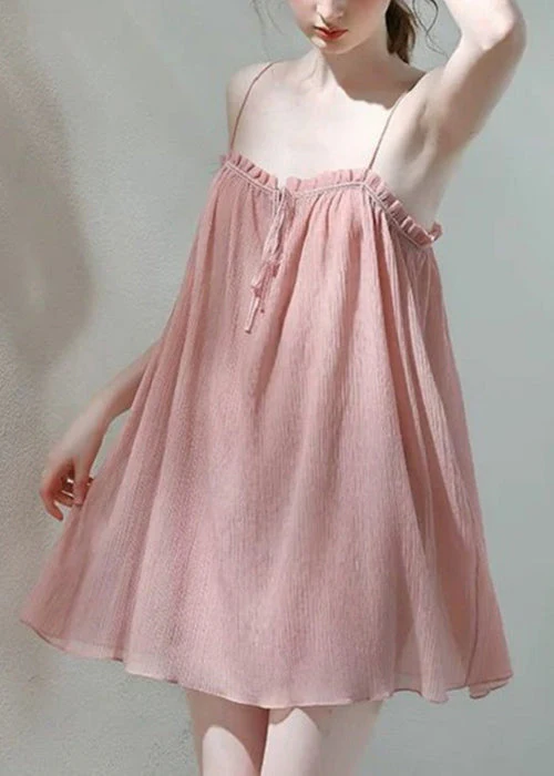 Loose Brown Ruffled Lace Up Spaghetti Strap Dress Sleeveless - Image 2