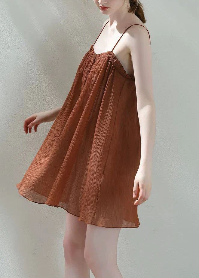 Loose Brown Ruffled Lace Up Spaghetti Strap Dress Sleeveless - Image 4