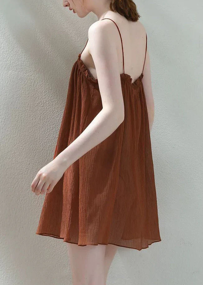 Loose Brown Ruffled Lace Up Spaghetti Strap Dress Sleeveless - Image 5