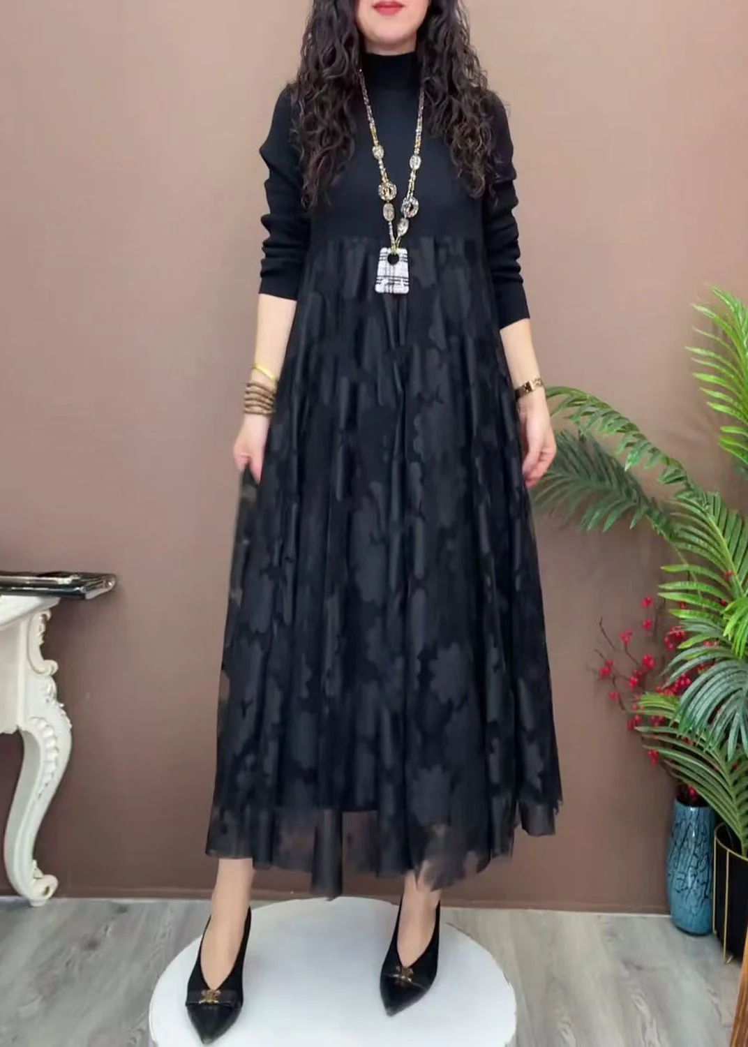 Loose Brown Turtleneck Tulle Patchwork Long Dresses Winter - Image 3