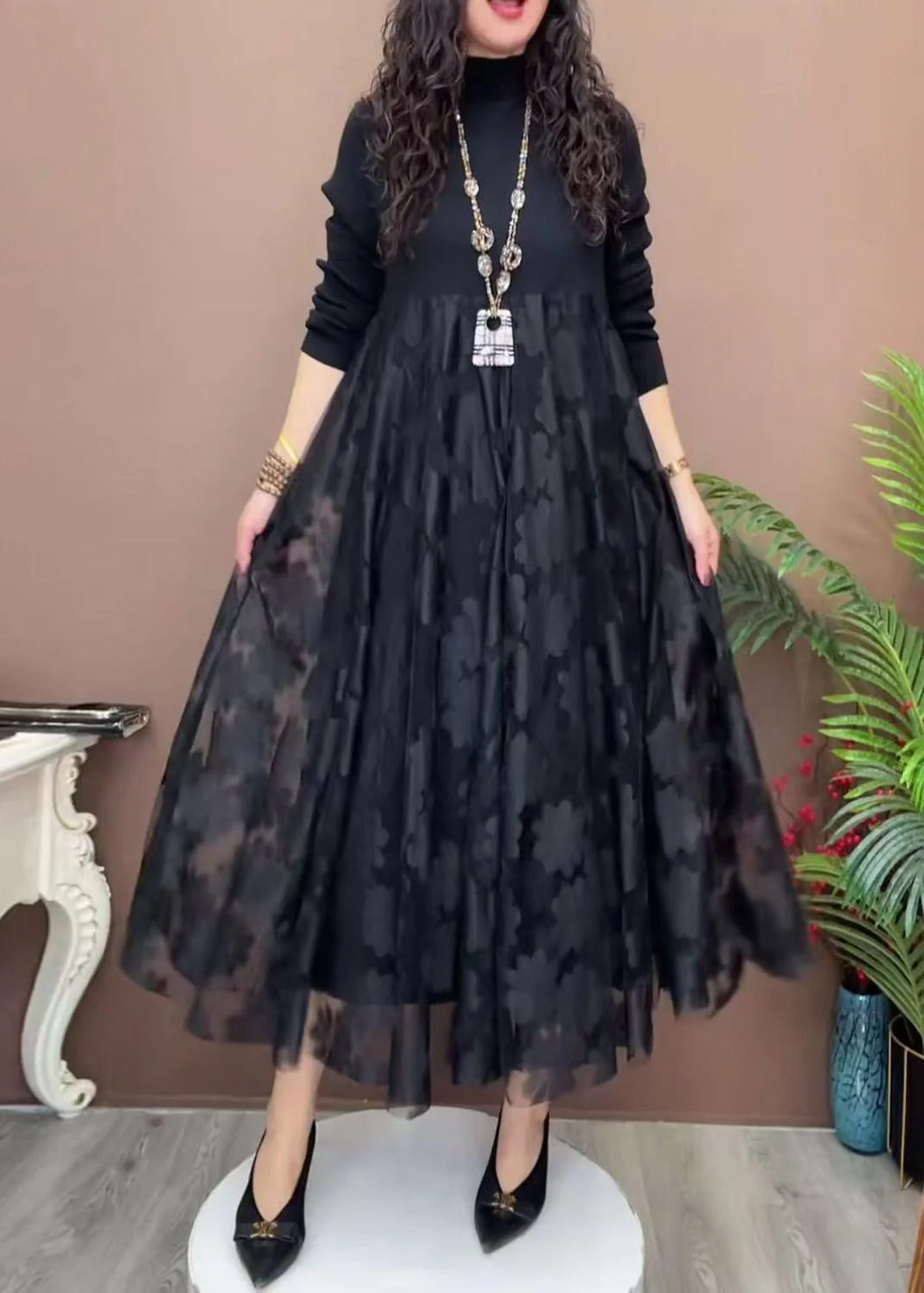 Loose Brown Turtleneck Tulle Patchwork Long Dresses Winter - Image 4