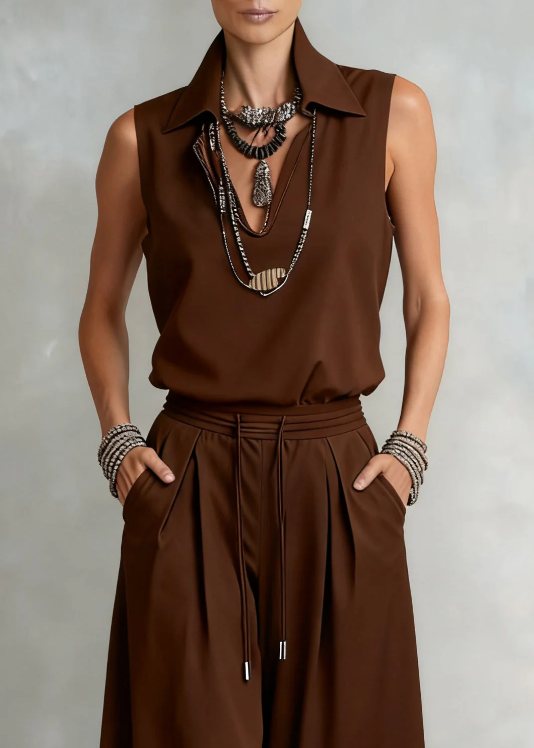 Loose Brown V Neck Elastic Waist Tops And Wide Leg Pants Cotton Two Piece Set Sleeveless - Image 2