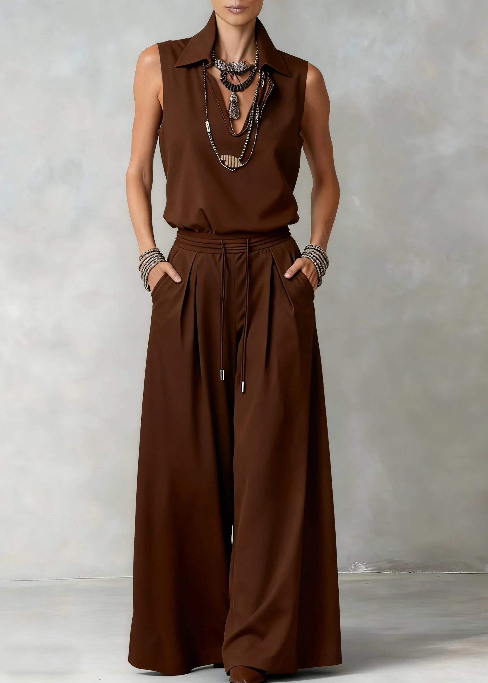 Loose Brown V Neck Elastic Waist Tops And Wide Leg Pants Cotton Two Piece Set Sleeveless - Image 3
