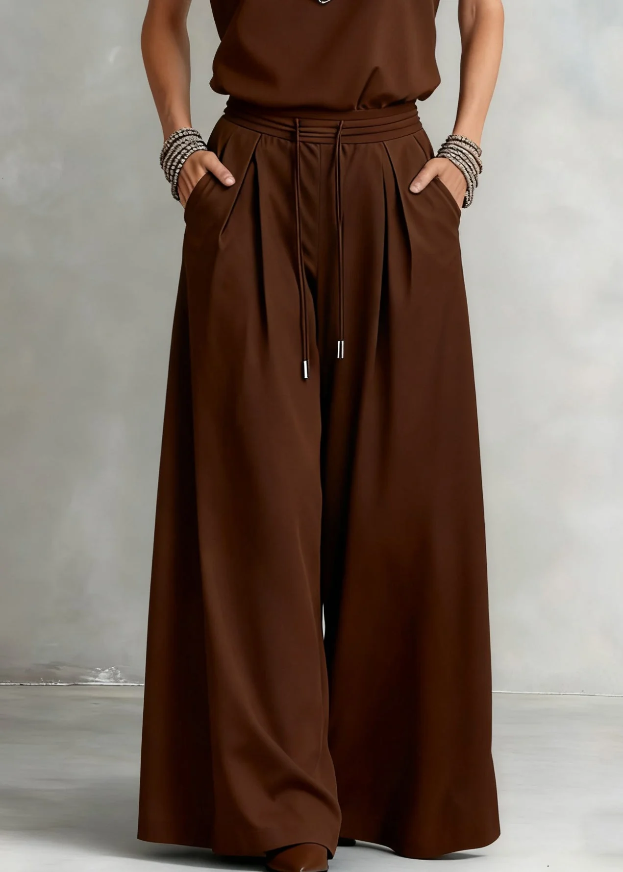 Loose Brown V Neck Elastic Waist Tops And Wide Leg Pants Cotton Two Piece Set Sleeveless - Image 4