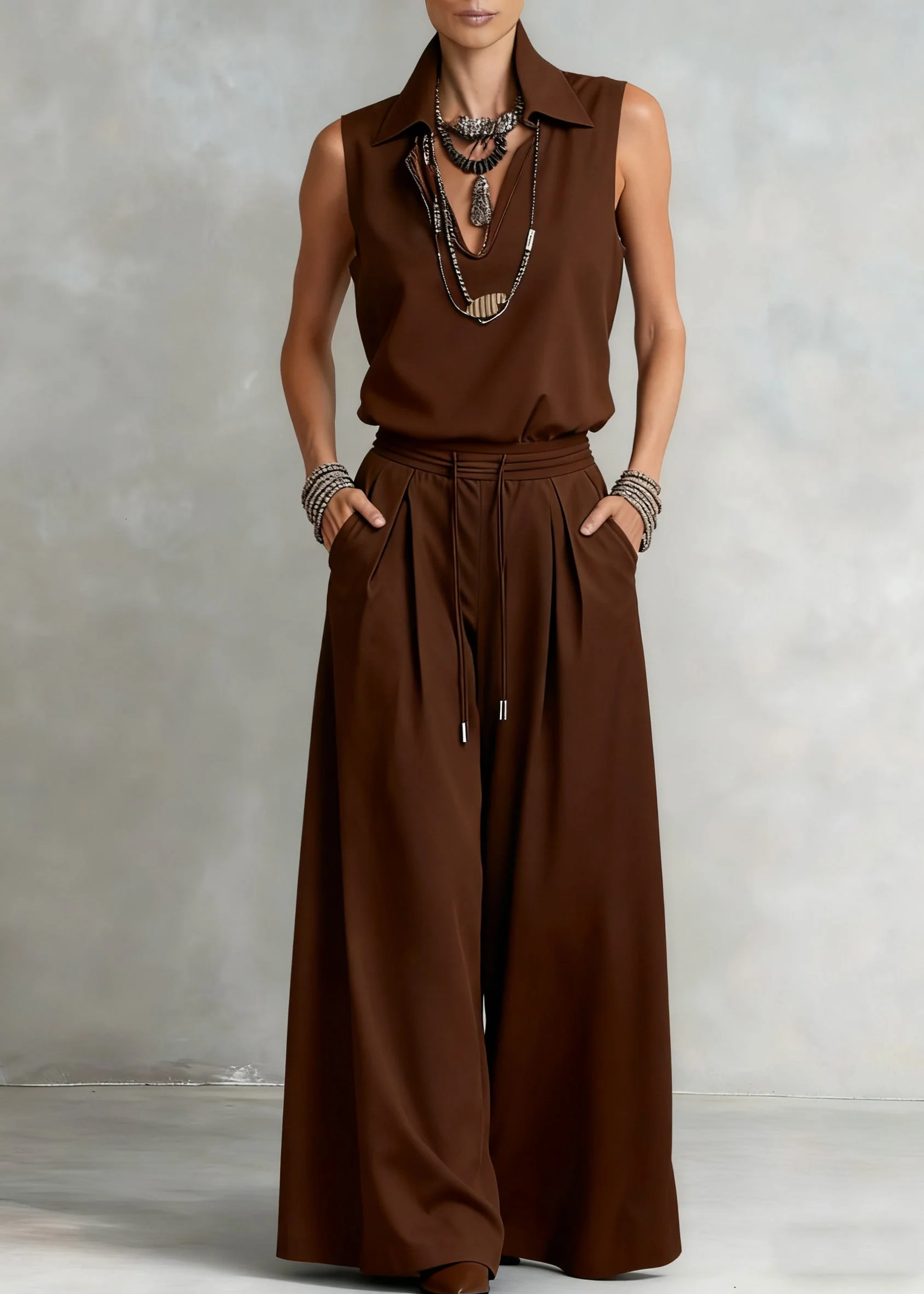 Loose Brown V Neck Elastic Waist Tops And Wide Leg Pants Cotton Two Piece Set Sleeveless - Image 5