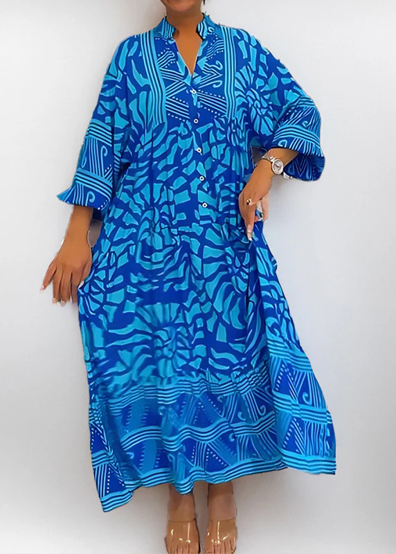 Loose Brown V Neck Print Cotton Long Dresses Spring - Image 3