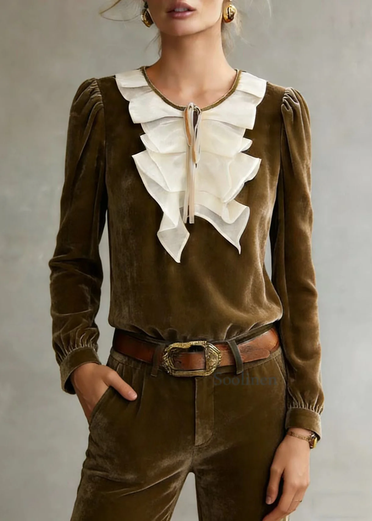 Loose Camel Ruffled Lace Up Patchwork Silk Velour Top Fall