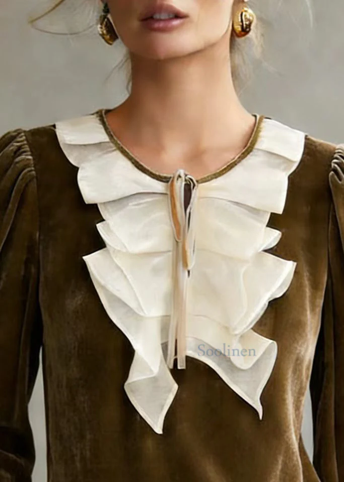 Loose Camel Ruffled Lace Up Patchwork Silk Velour Top Fall - Image 2