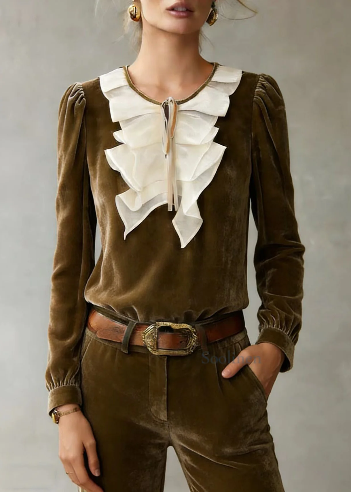 Loose Camel Ruffled Lace Up Patchwork Silk Velour Top Fall - Image 3