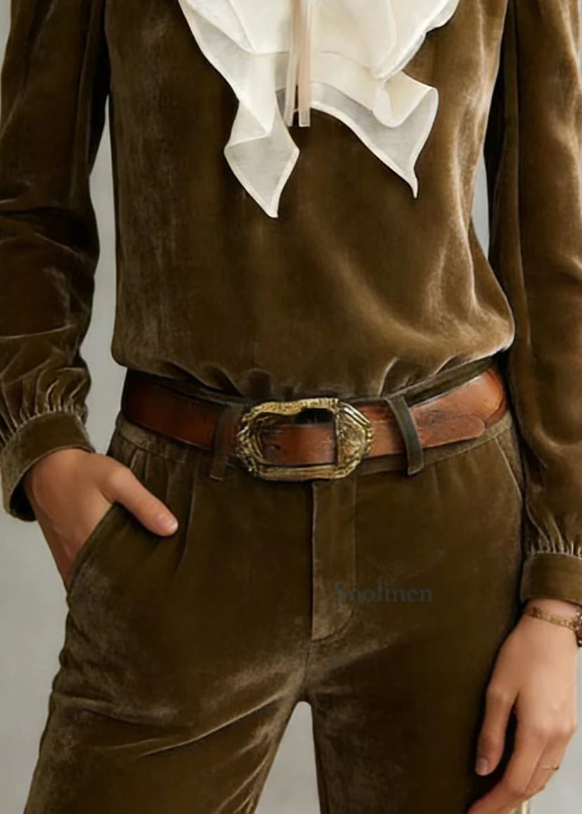 Loose Camel Ruffled Lace Up Patchwork Silk Velour Top Fall - Image 4