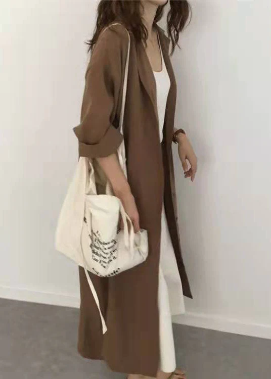 Loose Caramel Peter Pan Collar tie waist Cotton shirts Dresses Spring - Image 2
