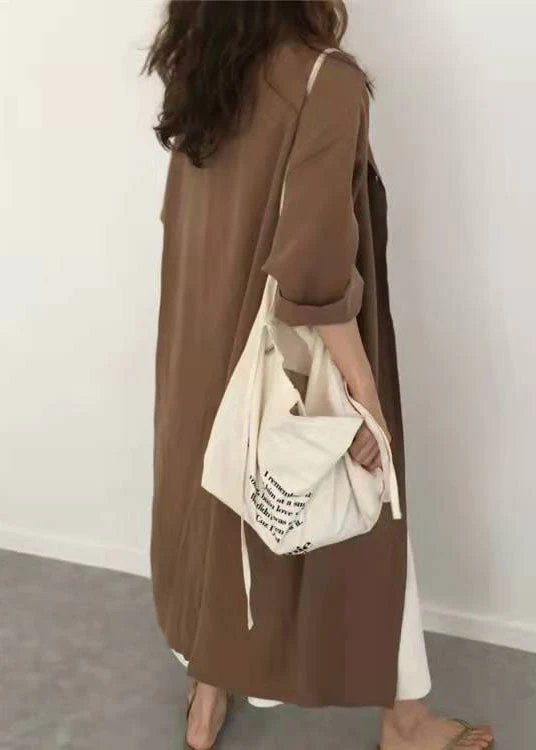 Loose Caramel Peter Pan Collar tie waist Cotton shirts Dresses Spring - Image 3