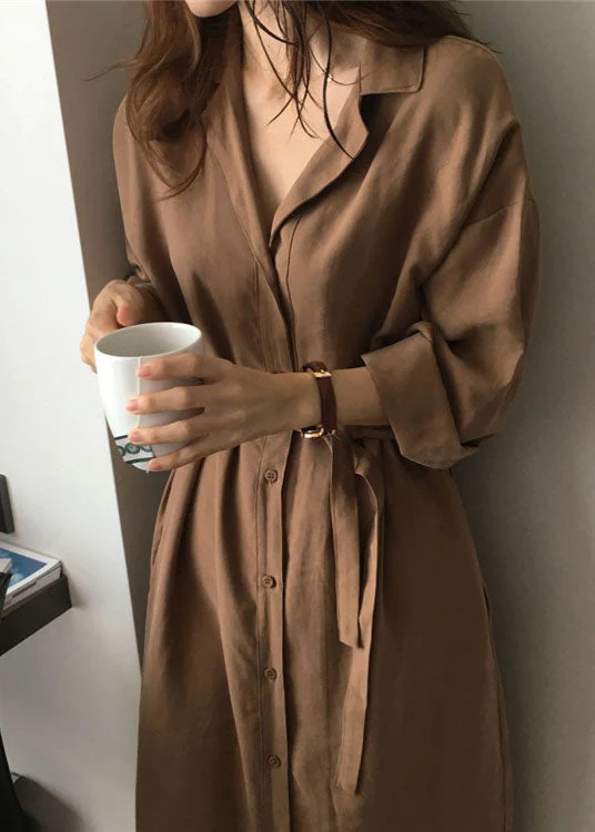 Loose Caramel Peter Pan Collar tie waist Cotton shirts Dresses Spring - Image 4