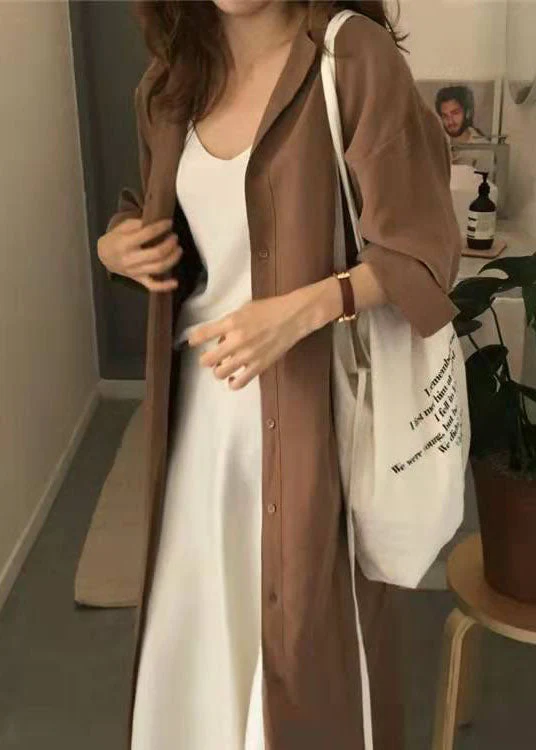 Loose Caramel Peter Pan Collar tie waist Cotton shirts Dresses Spring - Image 5