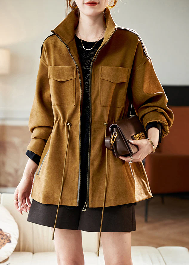Loose Caramel Stand Collar Drawstring Pockets Cotton Coat Winter - Image 3