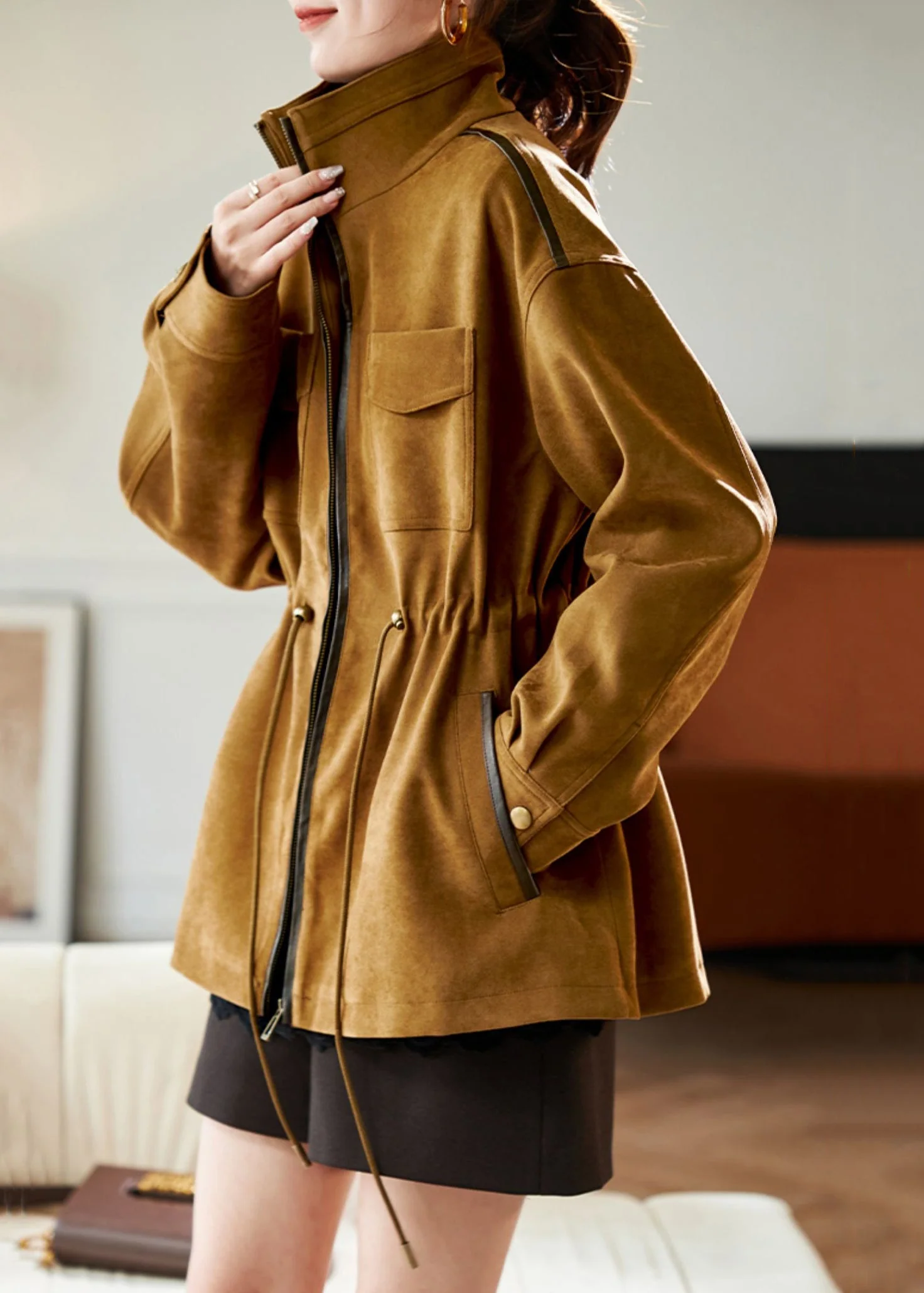 Loose Caramel Stand Collar Drawstring Pockets Cotton Coat Winter - Image 4